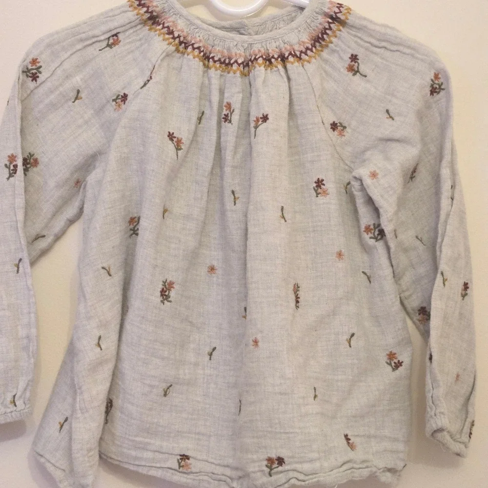 Zara‎ Girls Grey Embroidered Linen Blend Smocked Blouse Top Size 2-3 Years 98cm